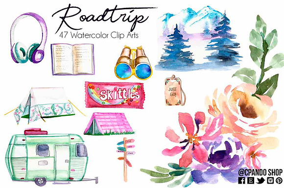 Roadtrip watercolor clipart in Illustrations - product preview 1