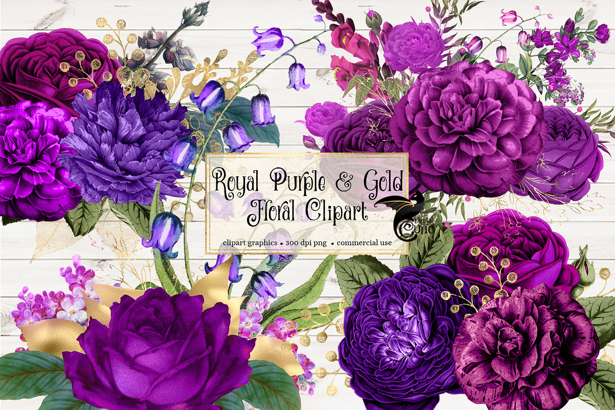 Royal Purple & Gold Floral Clipart in Illustrations - product preview 8