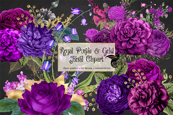 Royal Purple & Gold Floral Clipart in Illustrations - product preview 1