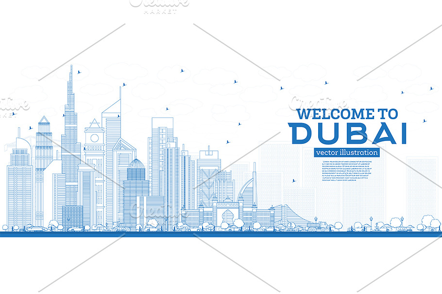 Outline Welcome to Dubai UAE Skyline in Illustrations - product preview 8