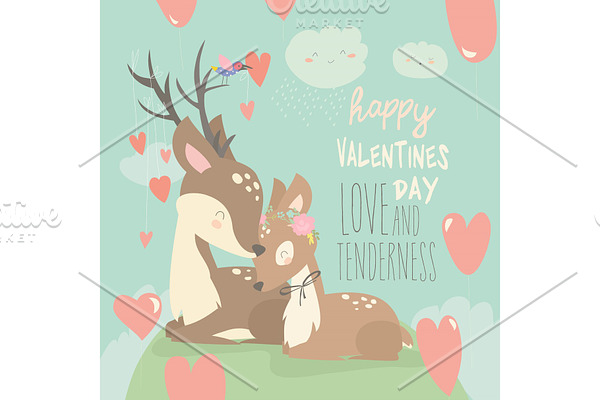 Cartoon deer couple with hearts