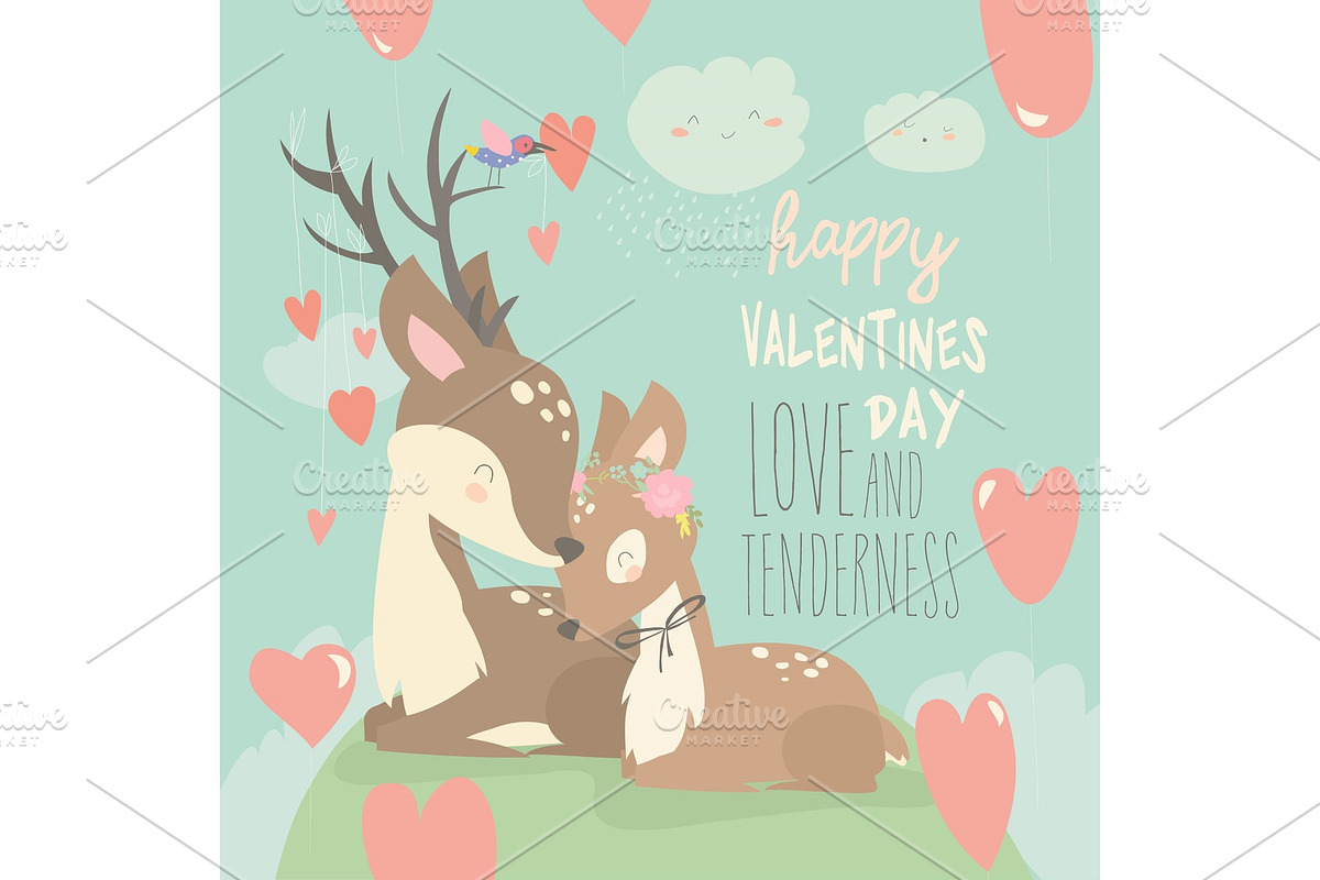 Cartoon deer couple with hearts in Illustrations - product preview 8
