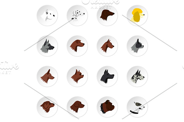 Dog head icons set, flat style