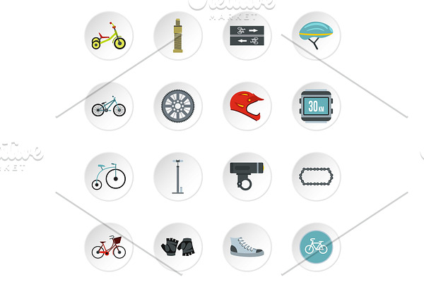 Bicycling icons set, flat style