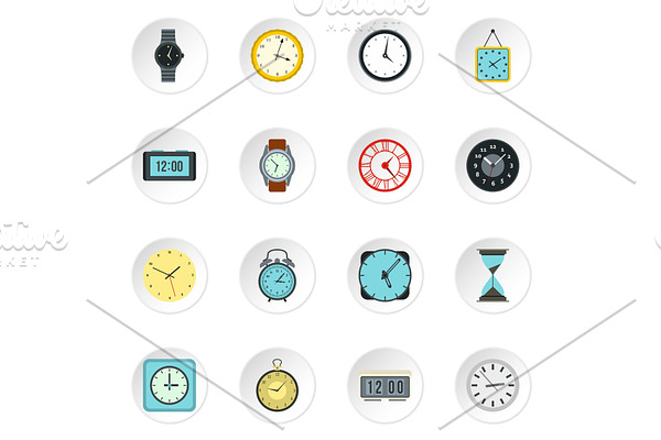 Clock icons set, flat style