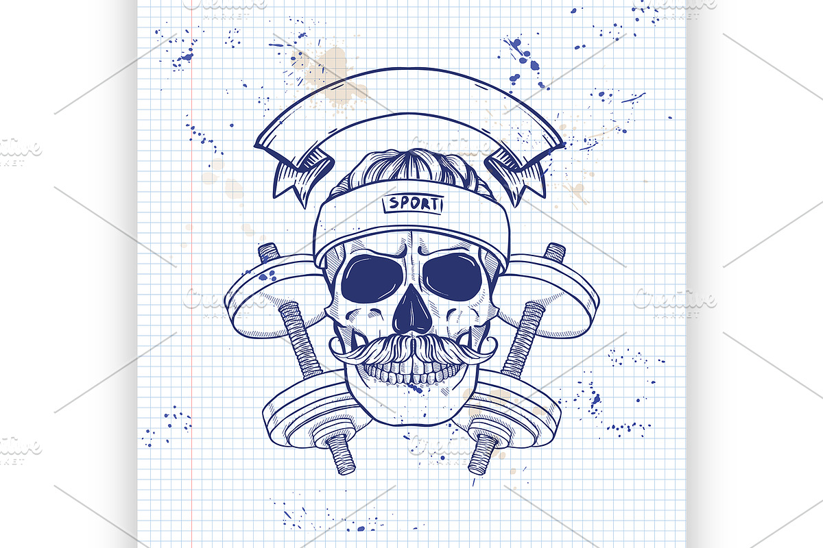 Hand drawn sketch, angry sport skull in Illustrations - product preview 8