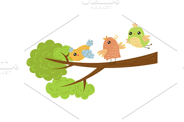 Three little birds on tree branch