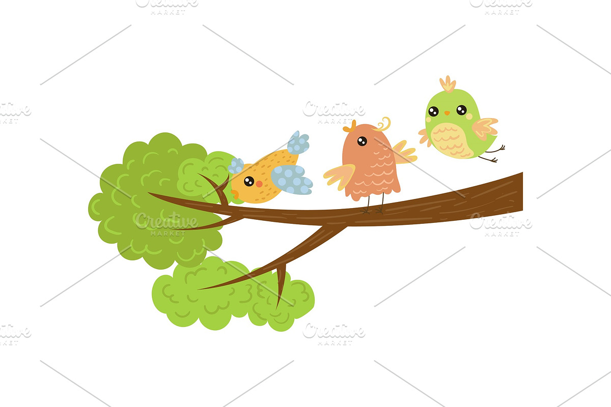Three little birds on tree branch in Illustrations - product preview 8