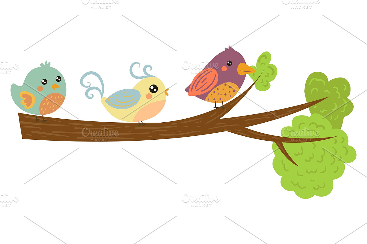 Three lovely birds on green tree in Illustrations - product preview 8