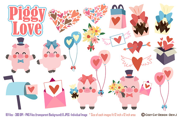 Piggy Love Digital Clip Art in Illustrations - product preview 1
