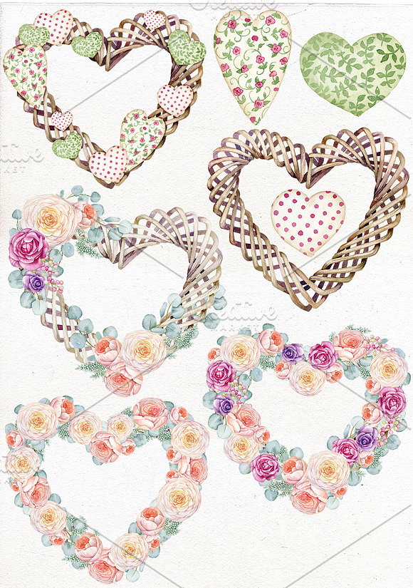 Watercolor floral Heart Wreath in Illustrations - product preview 1