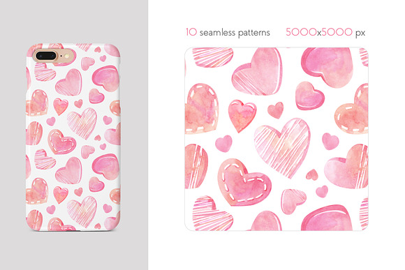 Watercolor Hearts Seamless Patterns in Patterns - product preview 2