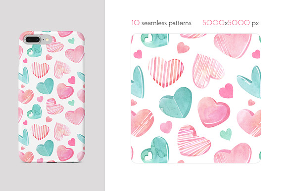 Watercolor Hearts Seamless Patterns in Patterns - product preview 4