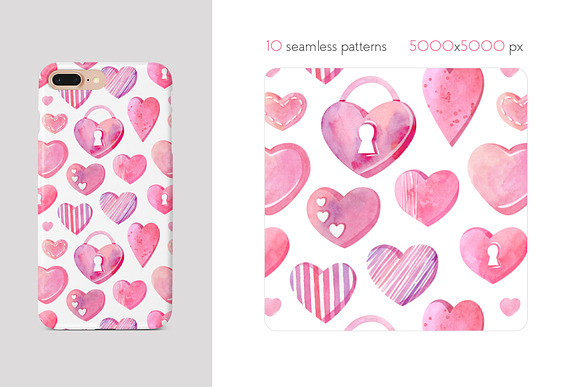 Watercolor Hearts Seamless Patterns in Patterns - product preview 5