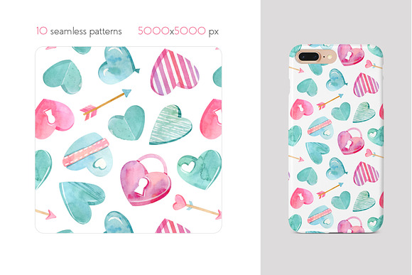 Watercolor Hearts Seamless Patterns in Patterns - product preview 9