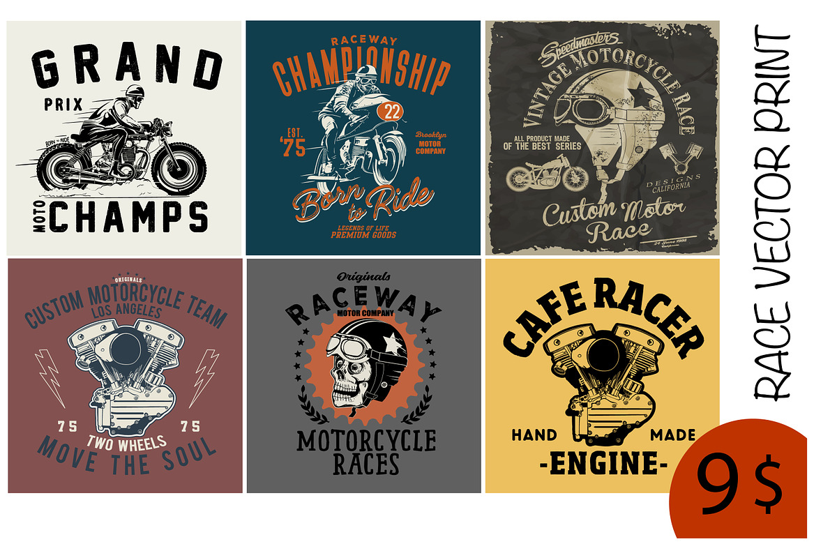 MOTORCYCLE RACE TEE PRINTS x6 in Illustrations - product preview 8