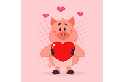 Pig Character Holding A Love Heart