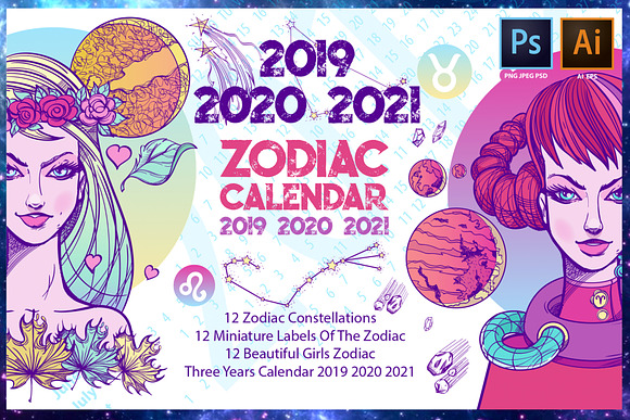 Zodiac Calendar 2019 2020 2021 in Illustrations - product preview 4
