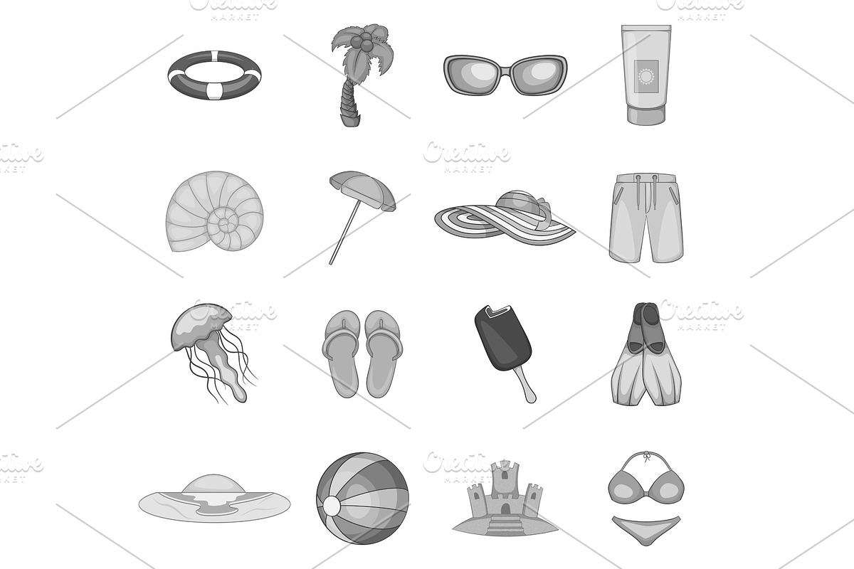 Summer travel icons set, gray in Objects - product preview 8