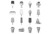 Ice cream icons set, gray monochrome