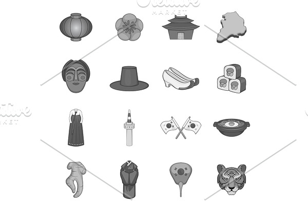 Japan icons set, gray monochrome