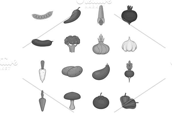 Vegetable icons set, gray monochrome