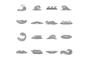 Wave icons set, gray monochrome