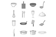 Kitchen utensil icons set, gray