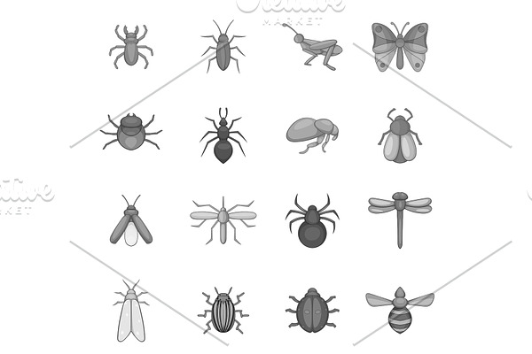 Insect icons set, gray monochrome