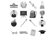 School icons set, gray monochrome