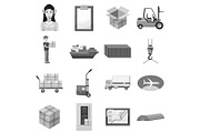 Logistic icons set, gray monochrome