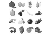 Fruit icons set, gray monochrome