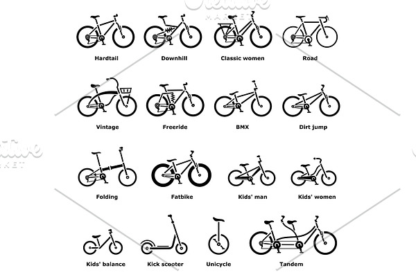 Bicycle types icons set, simple