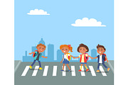 Kids Crossing Road in City Cartoon