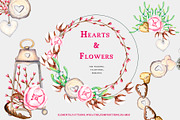 Hearts, love, flowers,Watercolor set
