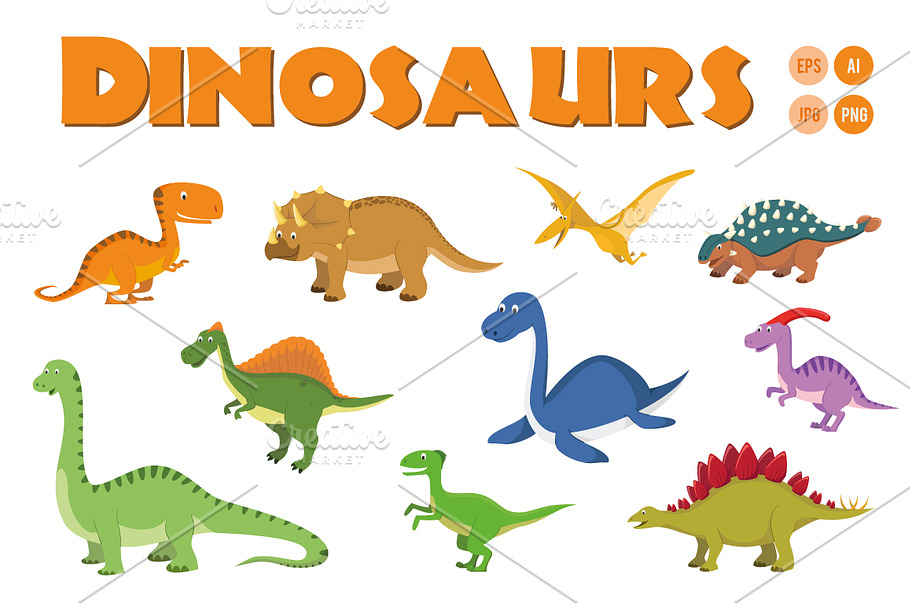 10 Dinosaurs in cartoon style