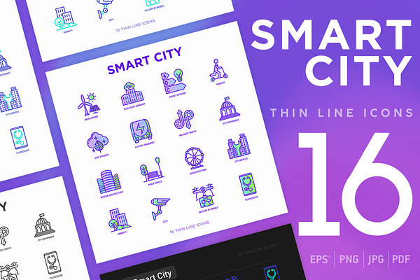 Smart City | 16 Thin Line Icons Set