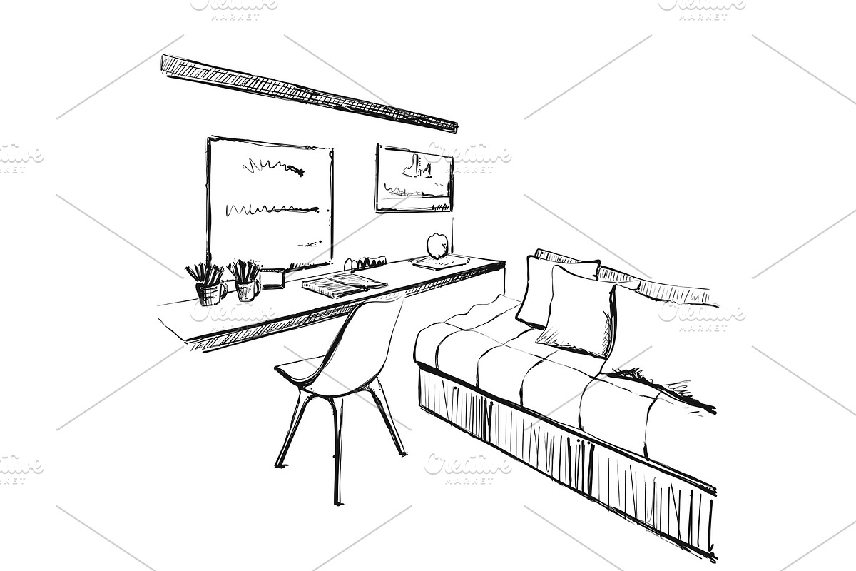 Modern interior sketch. Workplace in Illustrations - product preview 8