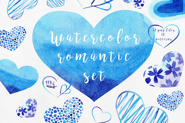Watercolor Blue Hearts Collection