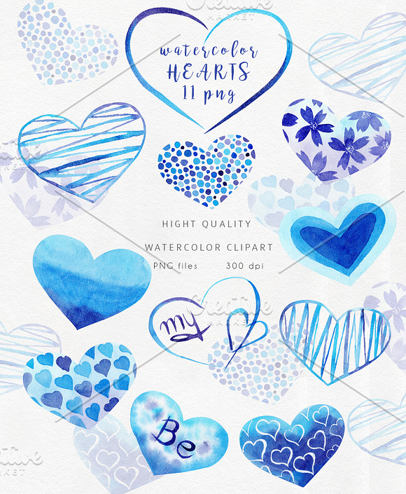 Watercolor Blue Hearts Collection in Illustrations - product preview 1