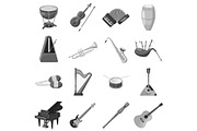 Musical instrument icons set gray