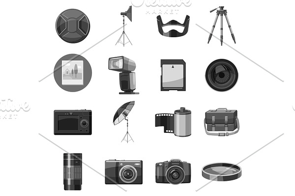 Photo equipment icons set, gray