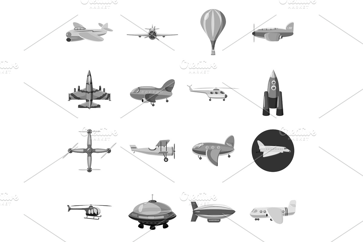 Aircraft icons set, gray monochrome in Illustrations - product preview 8