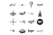 Aircraft icons set, gray monochrome