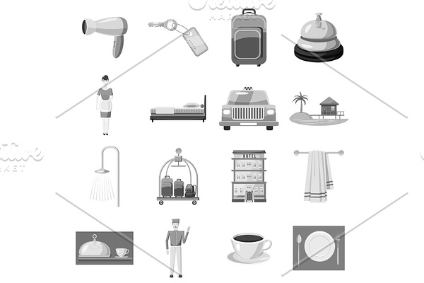 Hotel icons set, gray monochrome