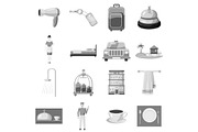 Hotel icons set, gray monochrome