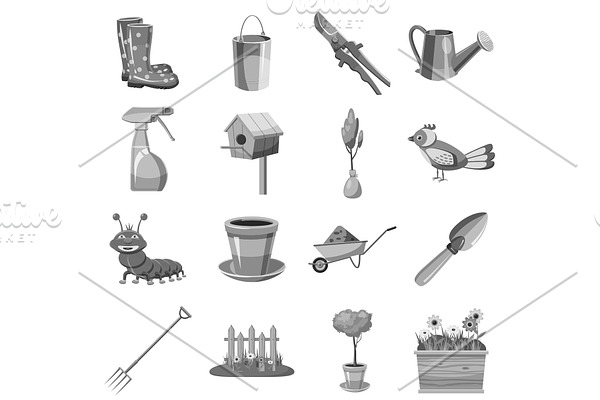Gardening icons set, gray monochrome