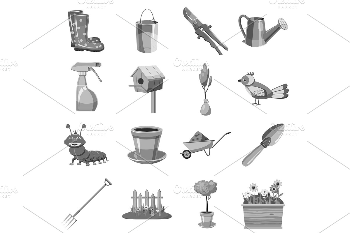 Gardening icons set, gray monochrome in Illustrations - product preview 8