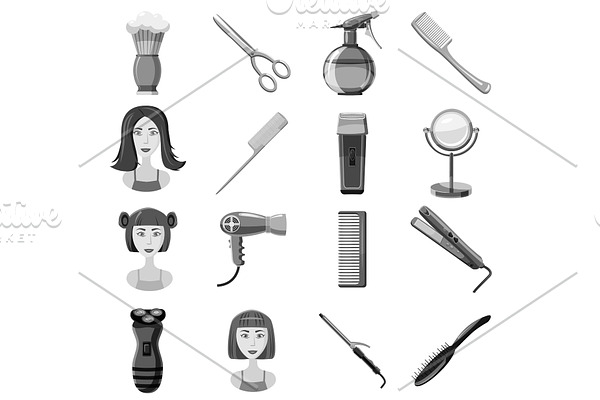 Barber icons set, gray monochrome