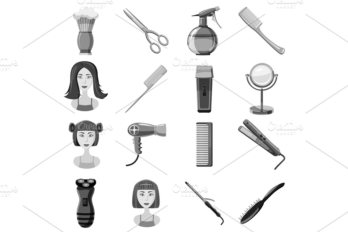 Barber icons set, gray monochrome in Objects - product preview 8
